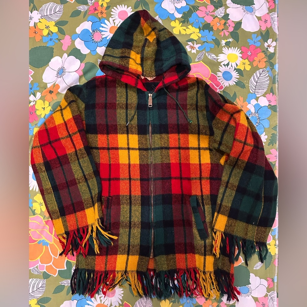 Vintage 60s Women’s Autumn Plaid Fringe Wool Blanket Jacket Boho Fall Ex+ Sz 20